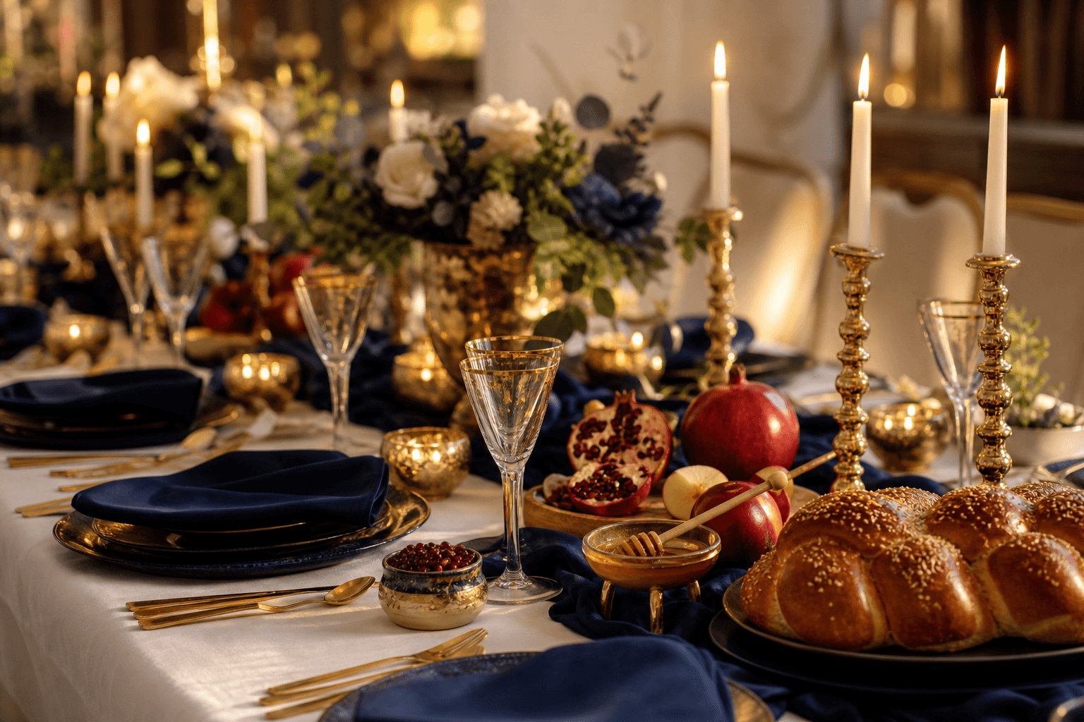 A Rosh Hashanah holiday table set with candles, pomegranates and challah
